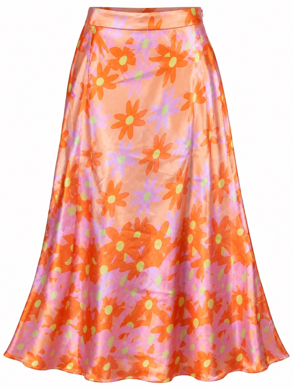 SHEIN Orange and Pink Floral Satin A-Line Skirt